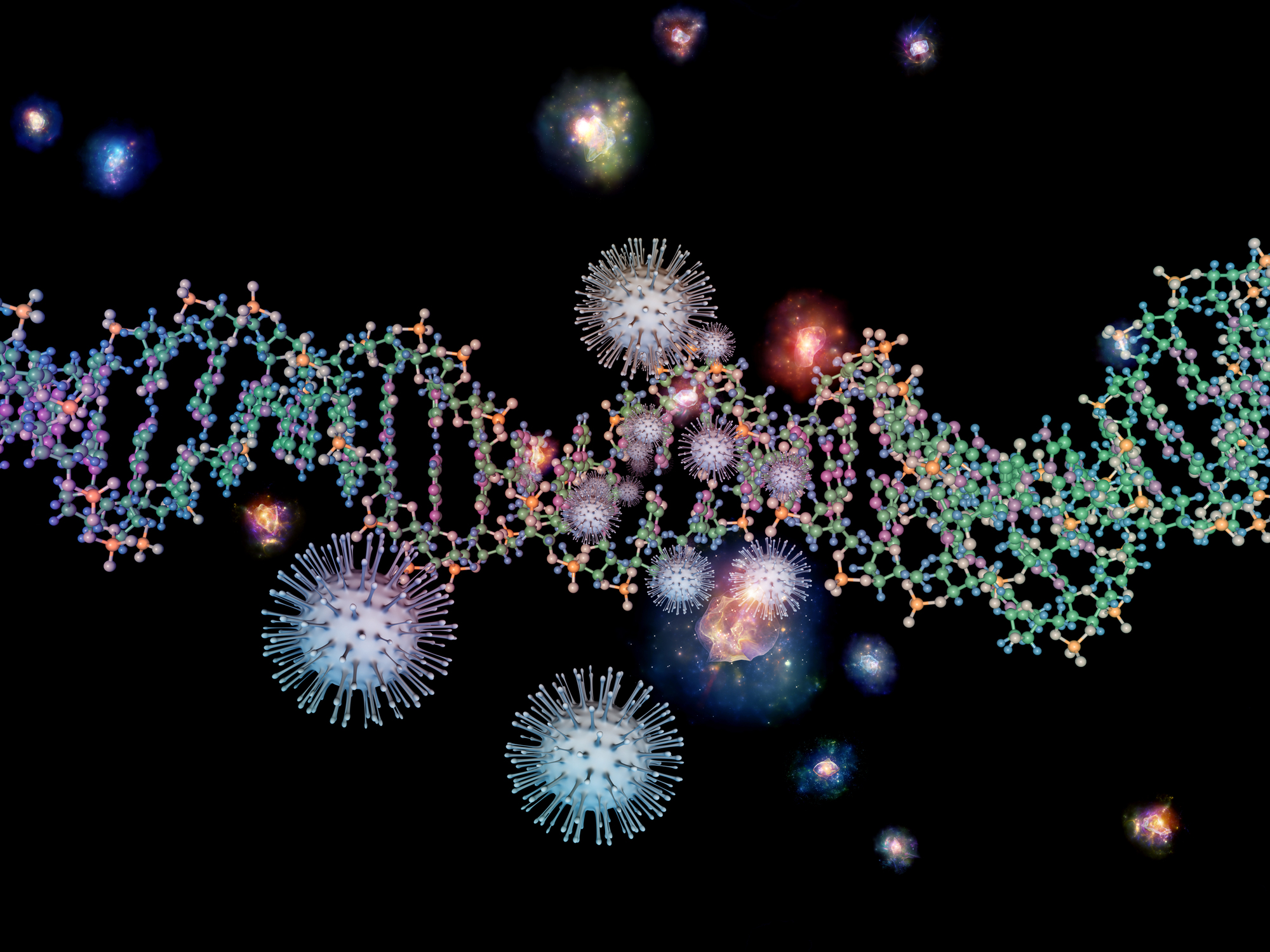 3D Illustration of Coronavirus particles and DNA